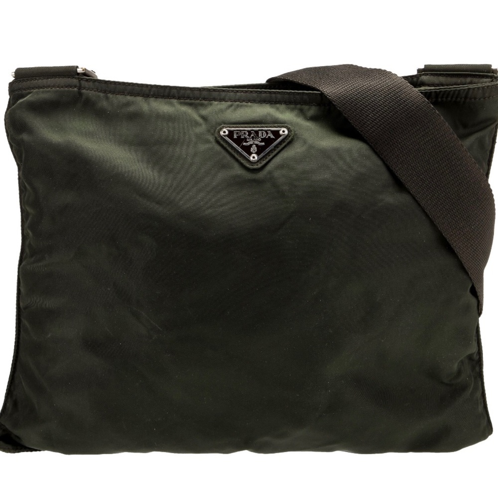 PRADA olive green nylon vela flat tessuto vintage messenger bag with brown strap